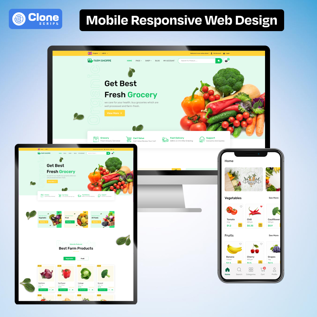 Mobile responsive website design attracts the new users to your grocery site who like to shop the products online on mobile devices.