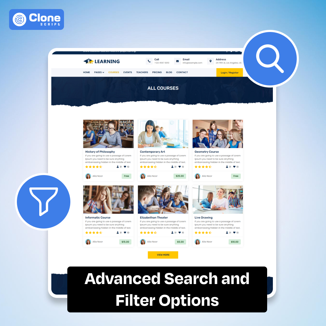 With filter and search options in template your e-learning website can perform well and help user to get a required courses.