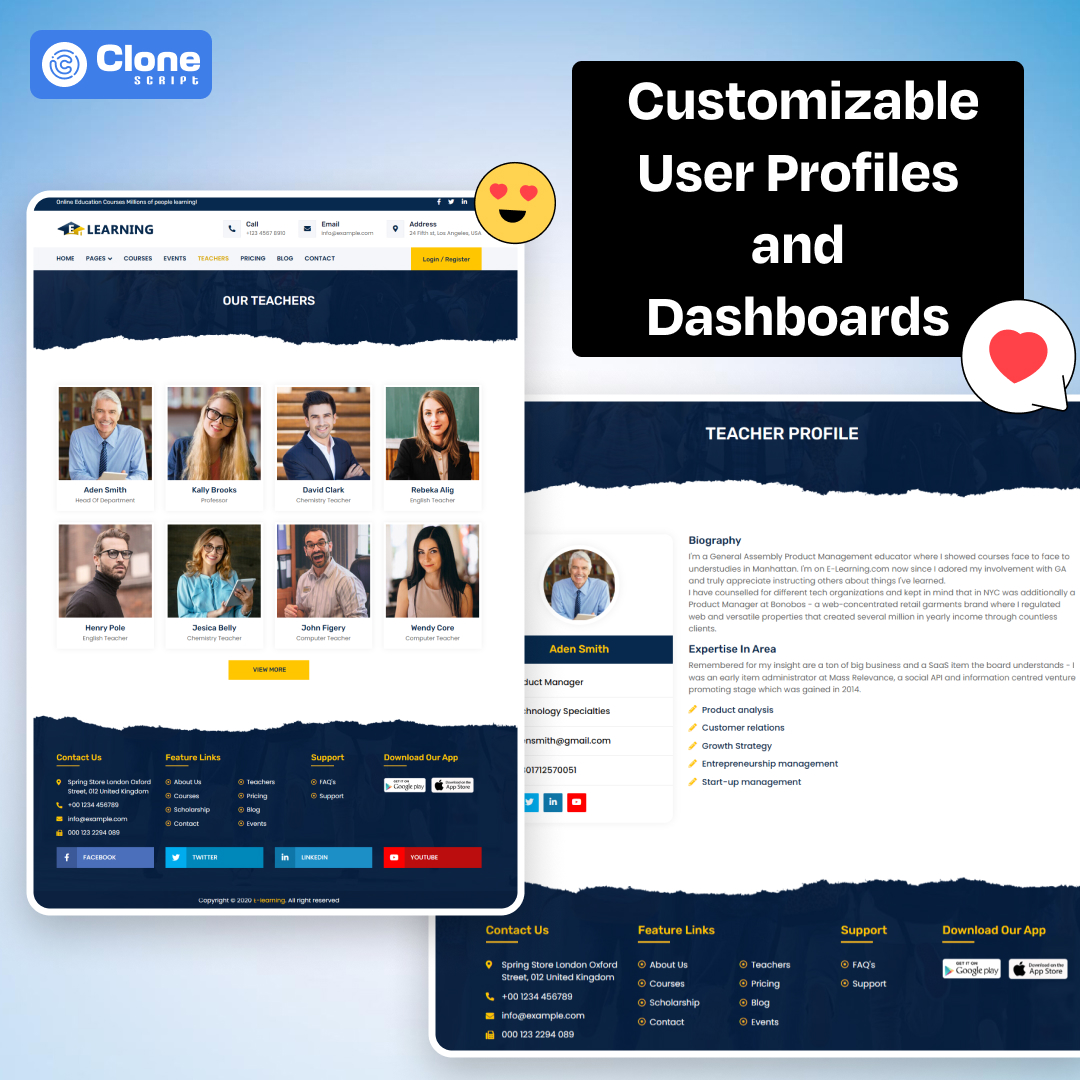 In online course website template the customizable user profiles and dashboards allow extra opportunity for learners and instructors.