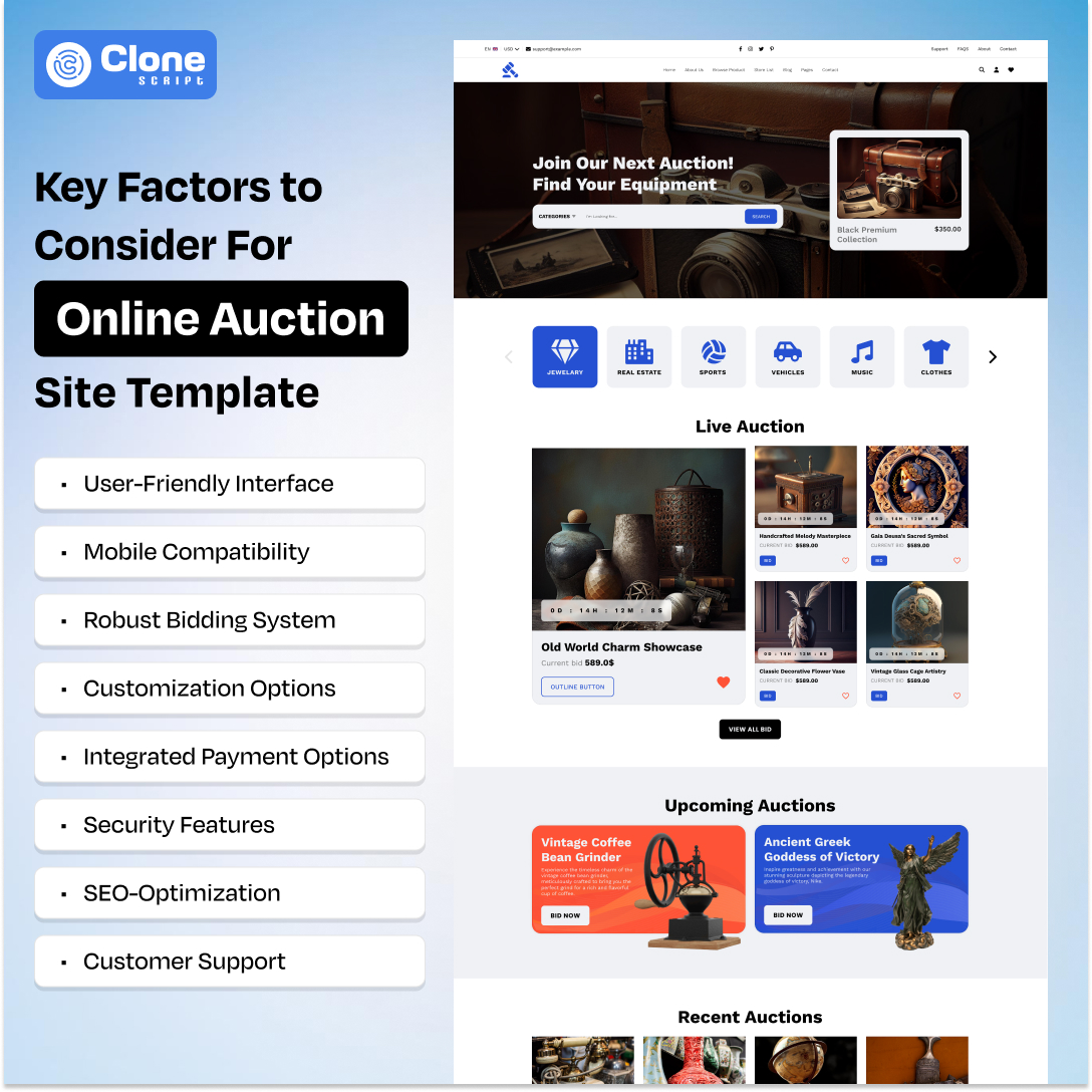 Key factors and features to get in online auction website template for your bidding platform development.