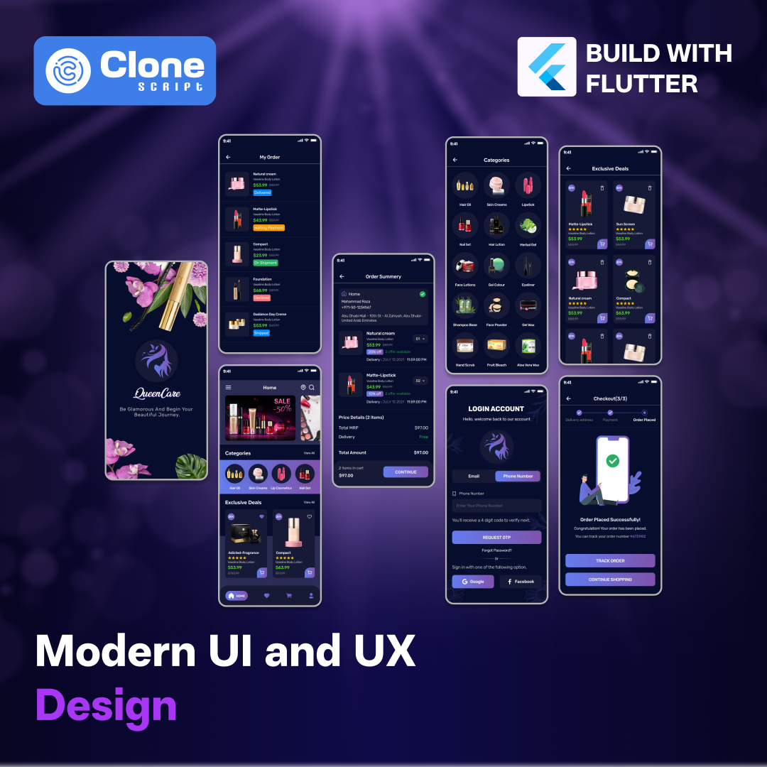 The UI and UX in a cosmetics e-commerce clone app are fully optimized for scalability and seamless user interaction, enhancing the shopping experience.