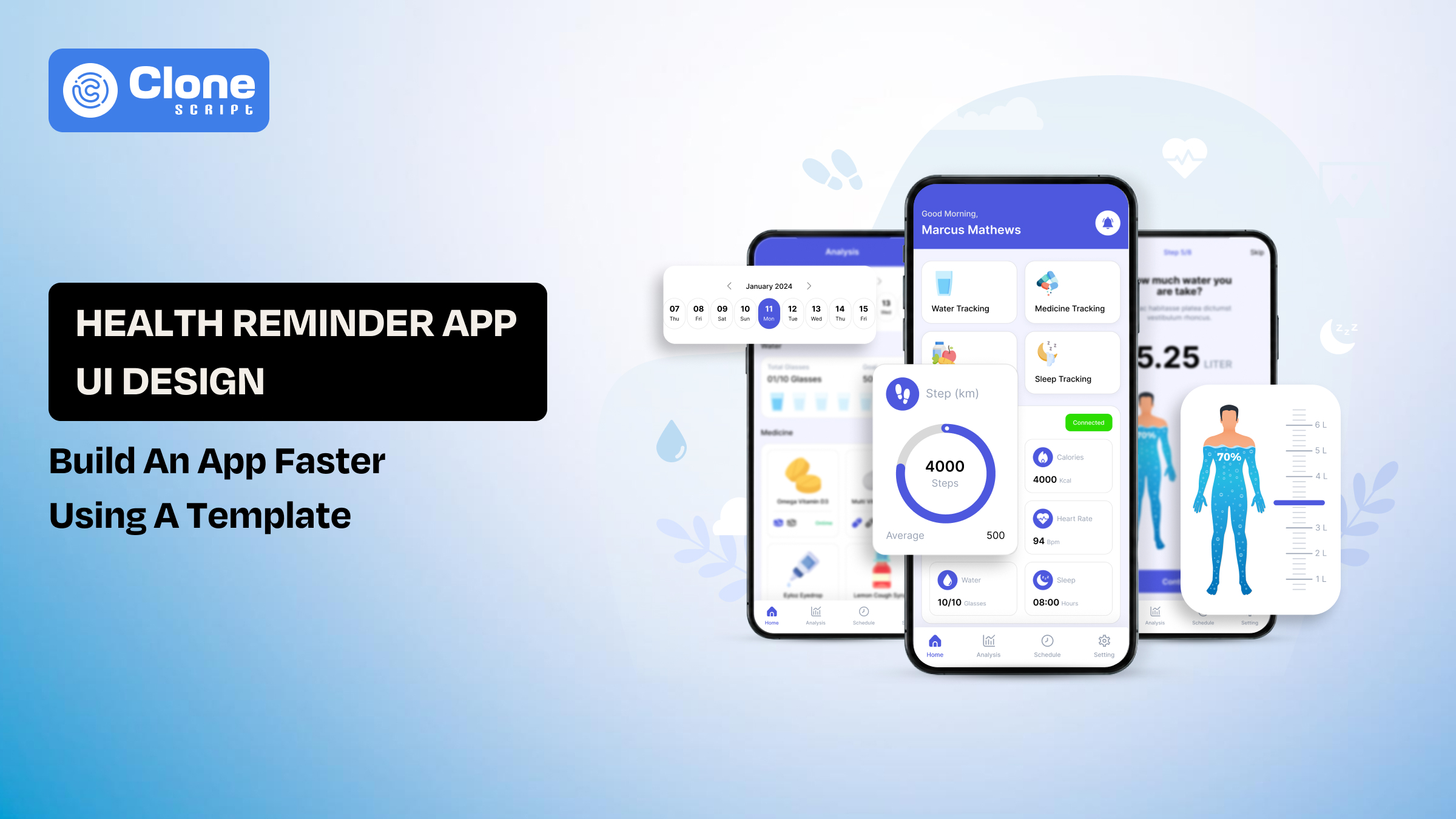 Health reminder app UI design used in development with complete layouts and assets.