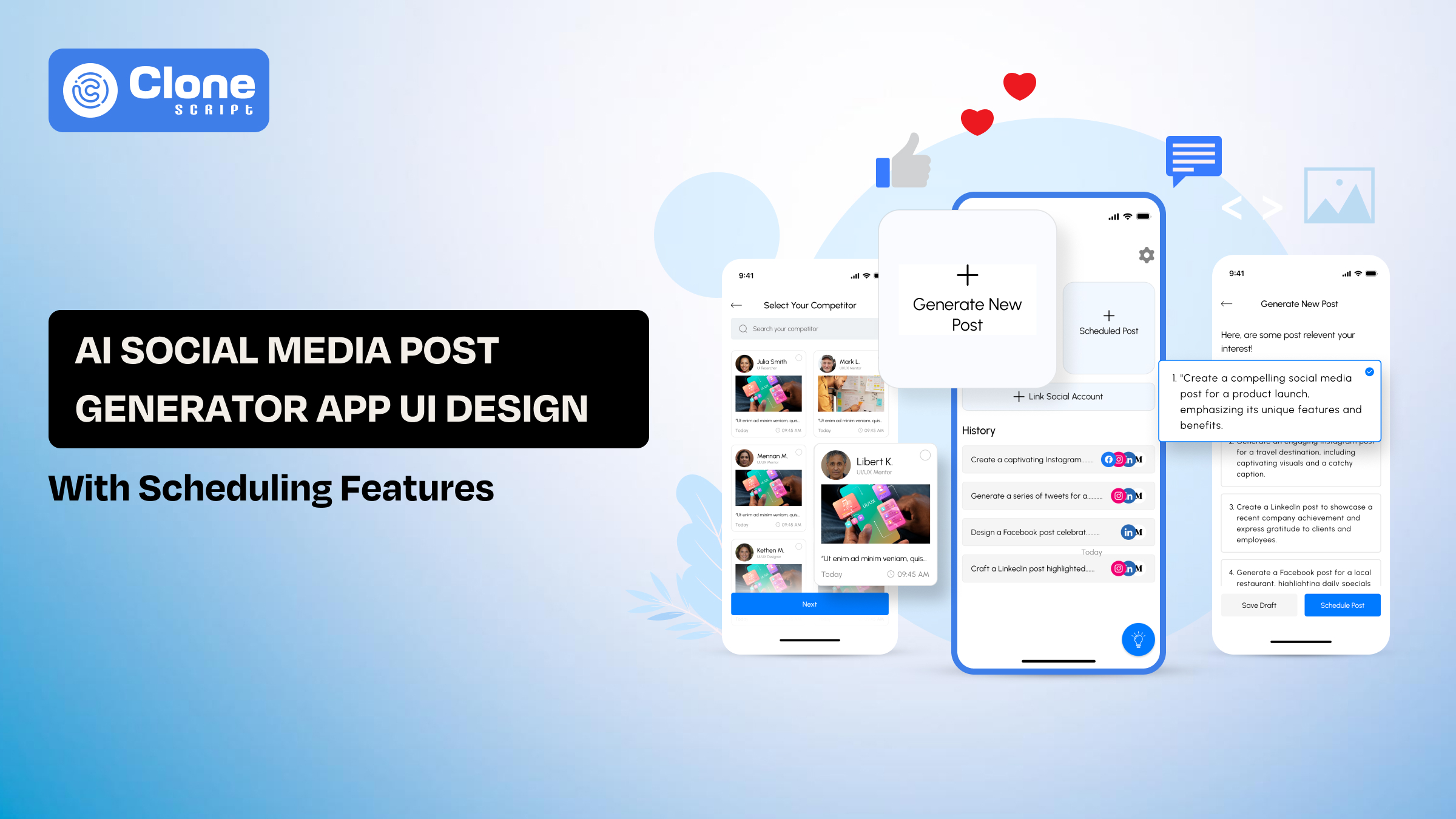 AI social media post generator UI design with scheduling features to enhance the use case.