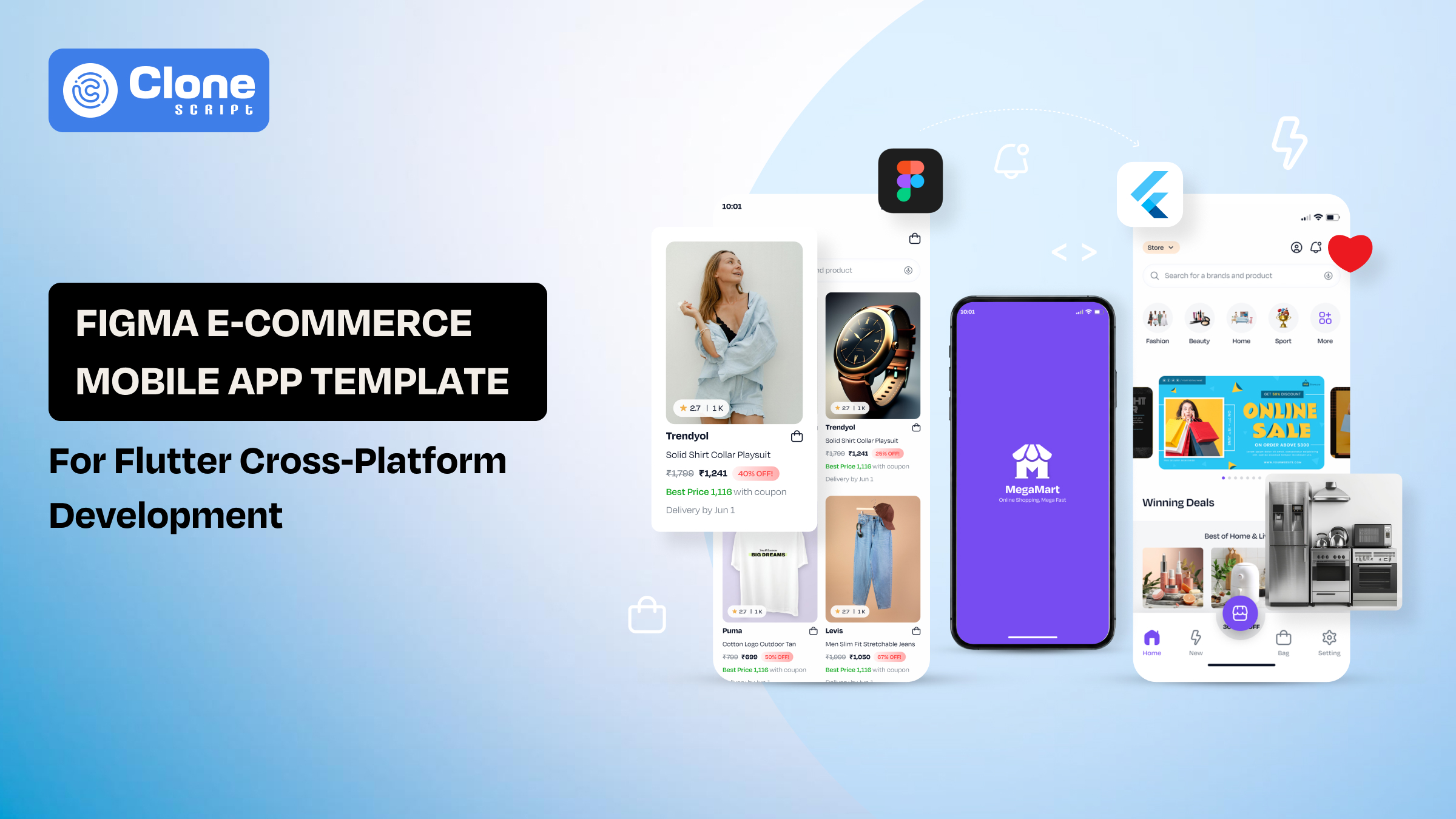 Figma designed an e-commerce app template for iOS and Android Flutter development.